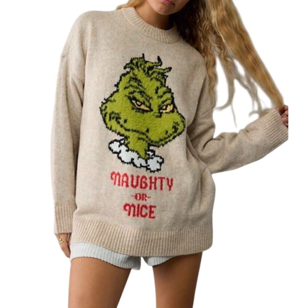 American Eagle Grinch Sweater M Beige Oversized Cozy Comfy Winter Fall